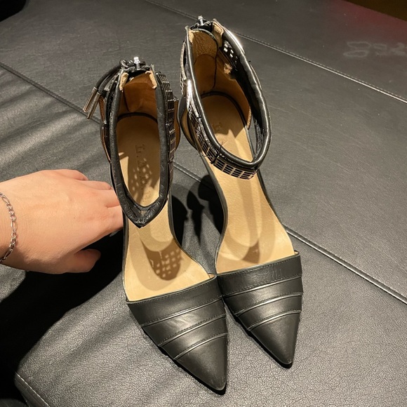 NWOT D’orsay Ankle Strap Metallic Plaques Leather Pointed High Pumps Stilettos - Picture 2 of 12